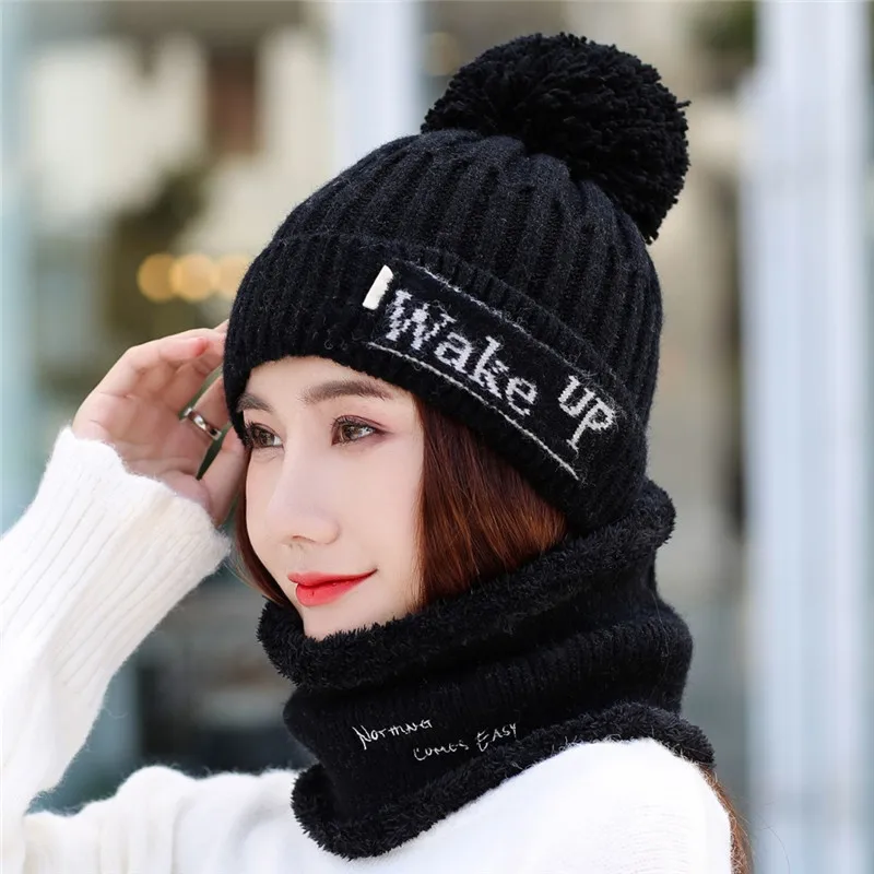 Прямая, комплект из 2 предметов для девочек, женские шапки Skullies Beanies, шапка с воротником, комплект для женщин, зимняя теплая вязаная шапка и шарф