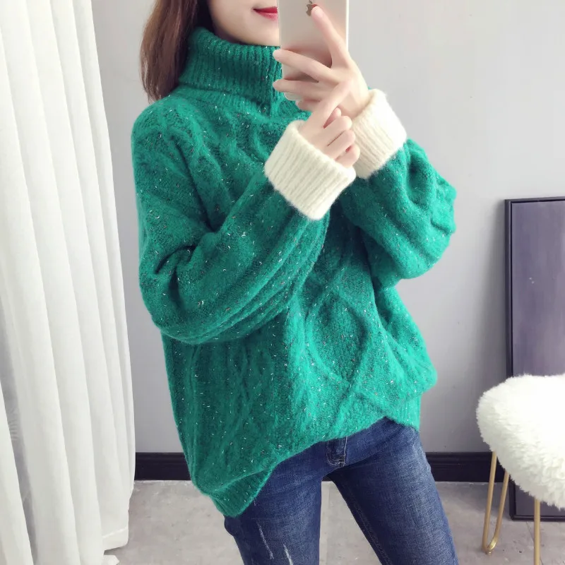 Зеленый autumn and winter new twist high collar sweater female Korean version of the student's sweater sweater loose thick - Цвет: Зеленый