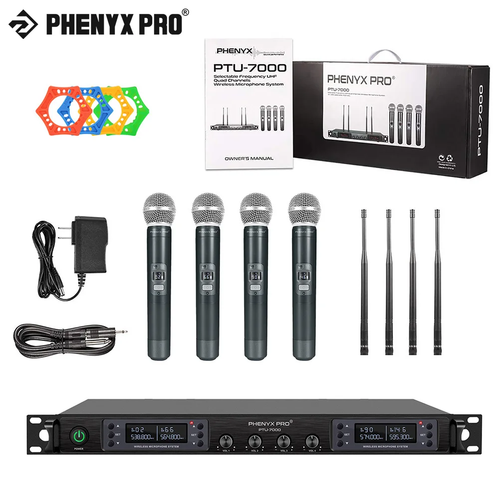 Phenyx Pro 4x40 Channels UHF Wireless Microphone System Auto Scan Selectable Frequency for