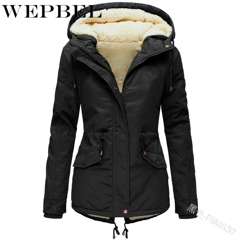 

WEPBEL Winter Casual Solid Color Slim-Fit Parkas Women's Fashion Warm Long Sleeve Zipper Single-Breasted Hooded Thick Coat