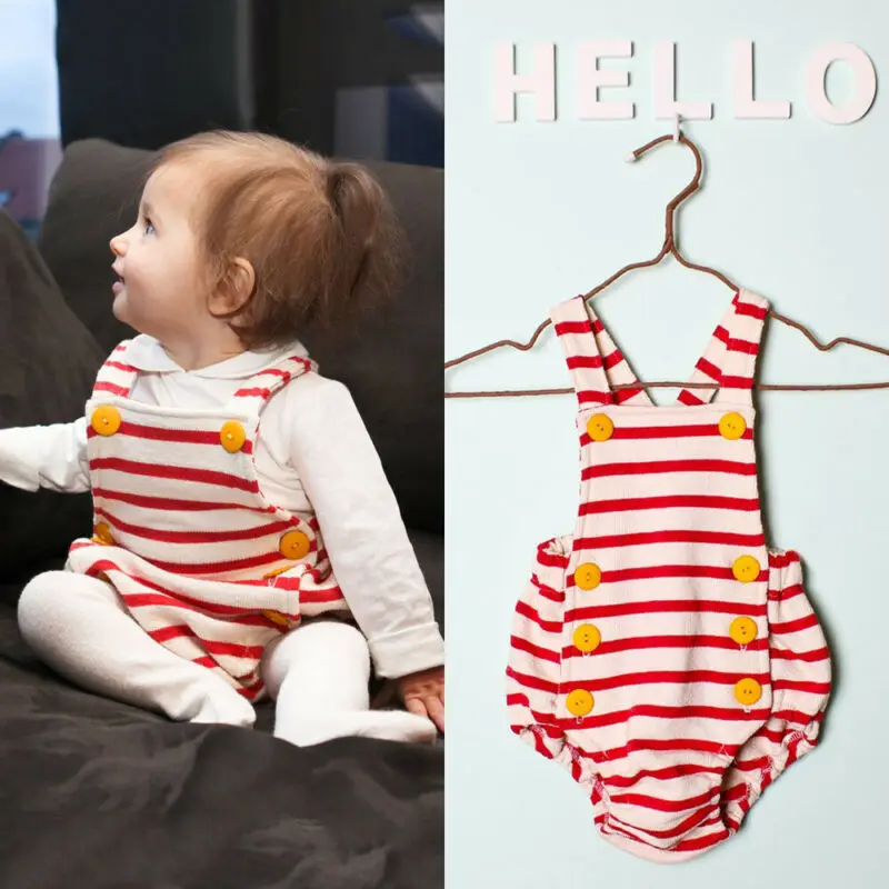 

0-24 Months Newborn Baby Girls Bodysuit Sleeveless Sling Jumpsuits For Girls Clothes 2020 Red Striped Newborn Playsuits Outfits