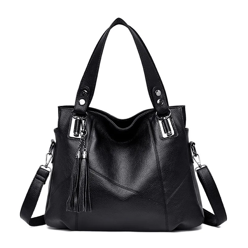 Washed litchi black С бахромой сумка корейская мода одно плечо диагональная сумка коровья кожа роскошный дизайн прошитая женская сумка - Цвет: Washed litchi black