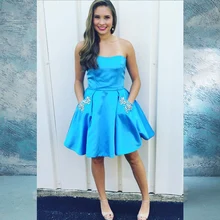Атласные Короткие платья для выпускного вечера для Junior Vestidos Cortos без бретелек Выпускные торжественные платья с карманами