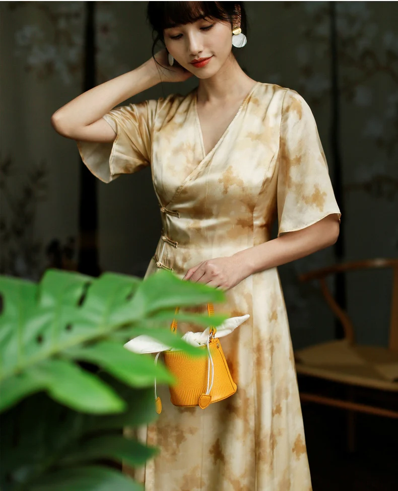 ROJAY тяжелое шелковое платье Cheongsam в юном стиле с низким воротником винтажное шелковое платье трапециевидной формы боди летнее Hanfu