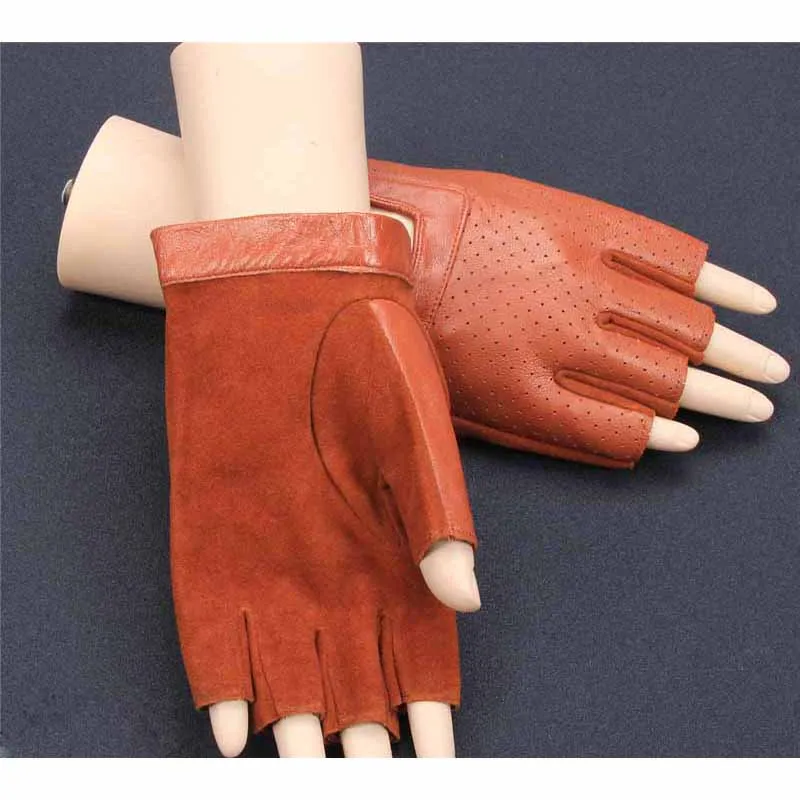 Мужские кожаные перчатки без пальцев Goatskin унисекс Guantes фитнес с половиной пальца упражнения вождения противоскользящие, из дышащей ткани перчатки черные