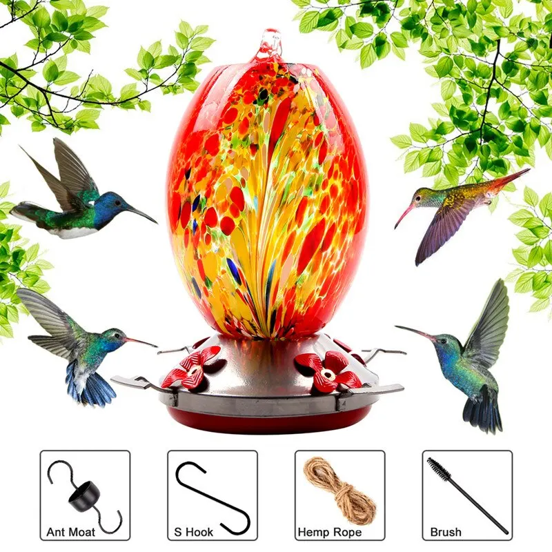 Colorful Hummingbird Food Feeder Hand Blown Glass Feeder Drinker Water Feeding Bowl for Yard Outdoor parrot accessories Colorfu