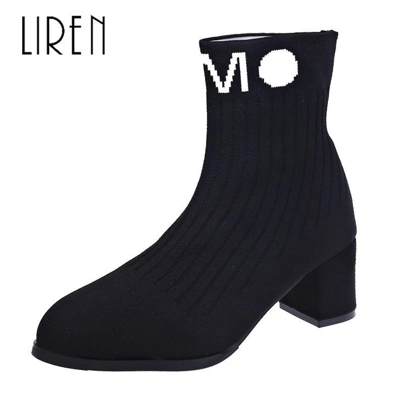 

Liren 2019 Spring/Autumn Women Fahsion Stretch Fabric Ankle Slip-on Boots Comfortable Women Boots Pointed Toe High Square Heels