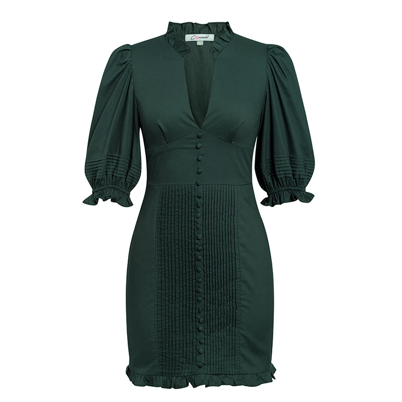 NLW винтажный буф рукав зеленое платье женское с v-образным вырезом гофрированное облегающее мини платье осень зима элегантное тонкое платье Vestidos - Цвет: Зеленый