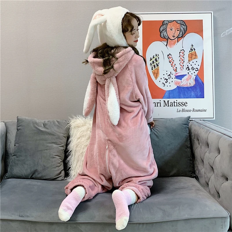 

Kawaii Adult Animal Pajamas Women Pink Sleepwear Onesize Kigurumi Pyjama Anime Cartoon Overalls Winter Rabbit Nightie Jumpsuit