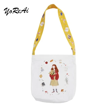 

YoReAi Japanese Original Illustration Print Messenger Bag Simple Shoulder Canvas Bags College Style Student Cute Slung Schoolbag