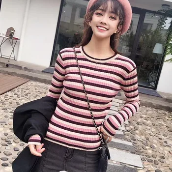 

Fashion Sweaters Slim Long-sleeved Knitted Tops Women Casual Striped Round Neck Sweaters