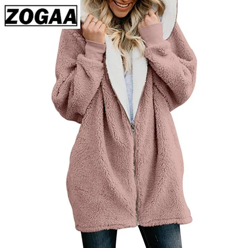 ZOGAA New Winter Women Long Coat Zipper Loose Fluffy Hooded Jacket Warm Fleece Soft Outerwear Cute Overcoat Zip-up 5XL Plus Size