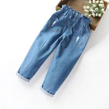 Autumn Clothing Crawler Fashion High-waisted Frilled Girls with Holes Jeans Big Kid Loose Version of Long Pants 110-160