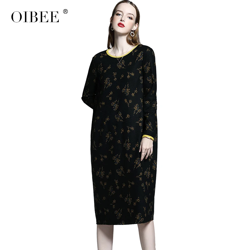 OIBEE2019 осеннее женское новое платье с круглым вырезом, сочетающееся по цвету, средней длины, было тонким, Корейская версия нижнего платья выше колена s