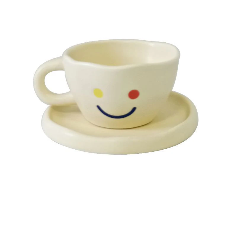 

White Kawaii Cute Smiley Face Mug Classic Coffee Cup Meal and Saucer Dessert Plate Set Customization
