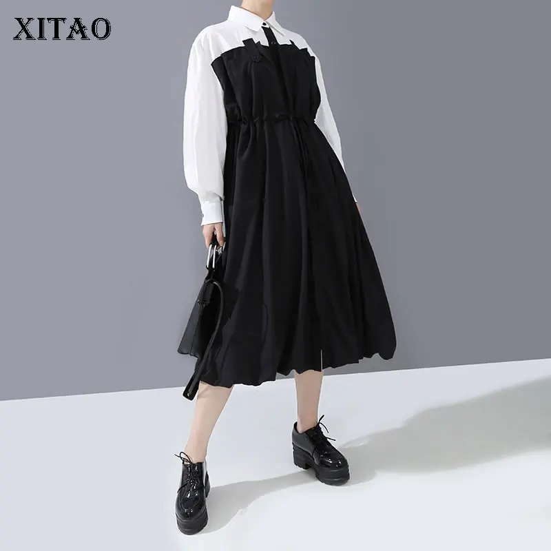 

XITAO Tide Hit Color Pleated Plus Size Dress Women Clothes 2020 Fashion Spring Turn Down Collar Full Sleeve Slim Waist XJ3583