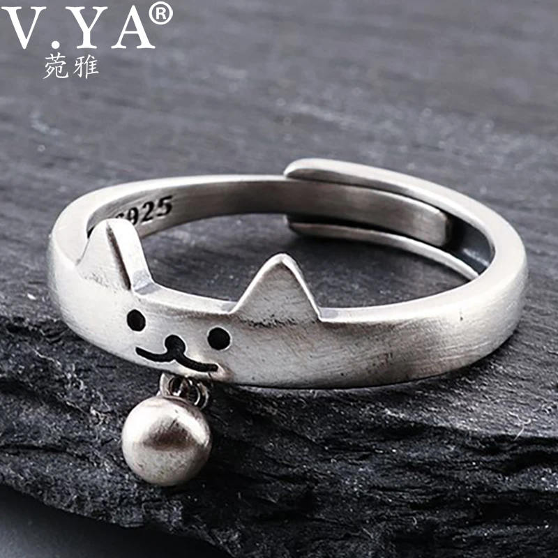V. YA 925 пробы Серебряное кольцо милый кот дизайн шариковые кольца для женщин Регулируемый размер Кольцо модное ювелирное изделие