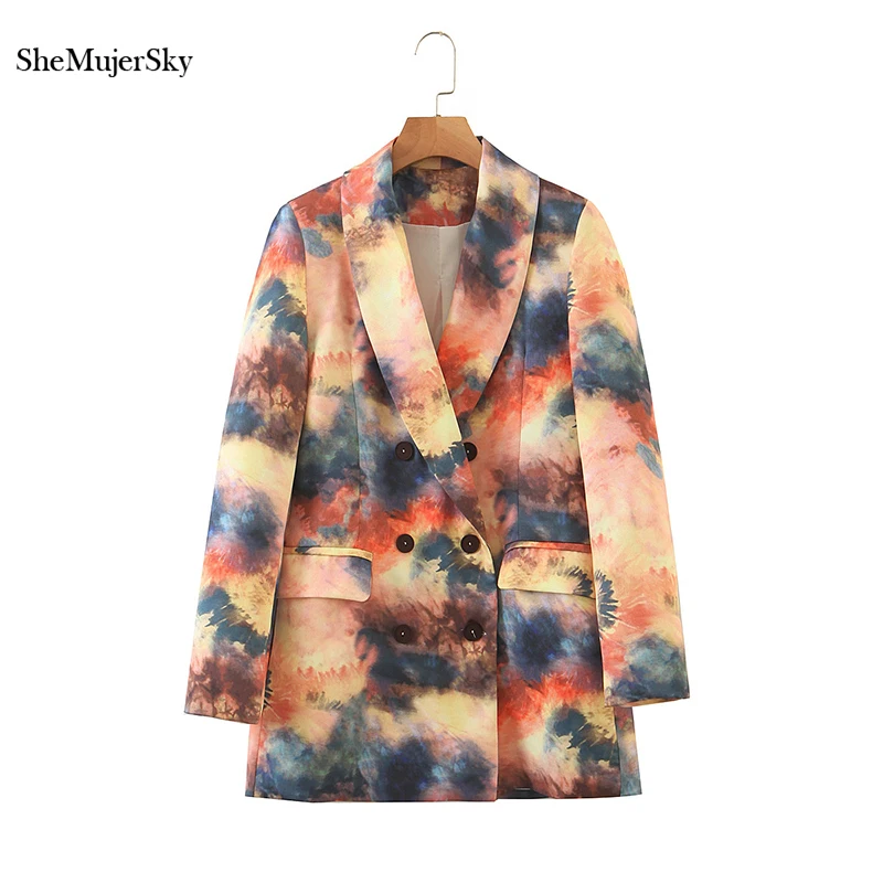 

SheMujerSky Colorful Print Blazer Femme 2020 Autumn Winter Double Breasted Blazers Women Suit