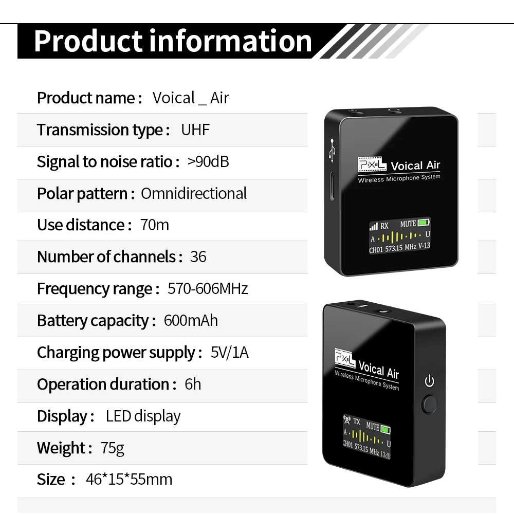 Microfono Wireless Lavalier Pixel Voical Air UHF - Per Telefono E DSLR