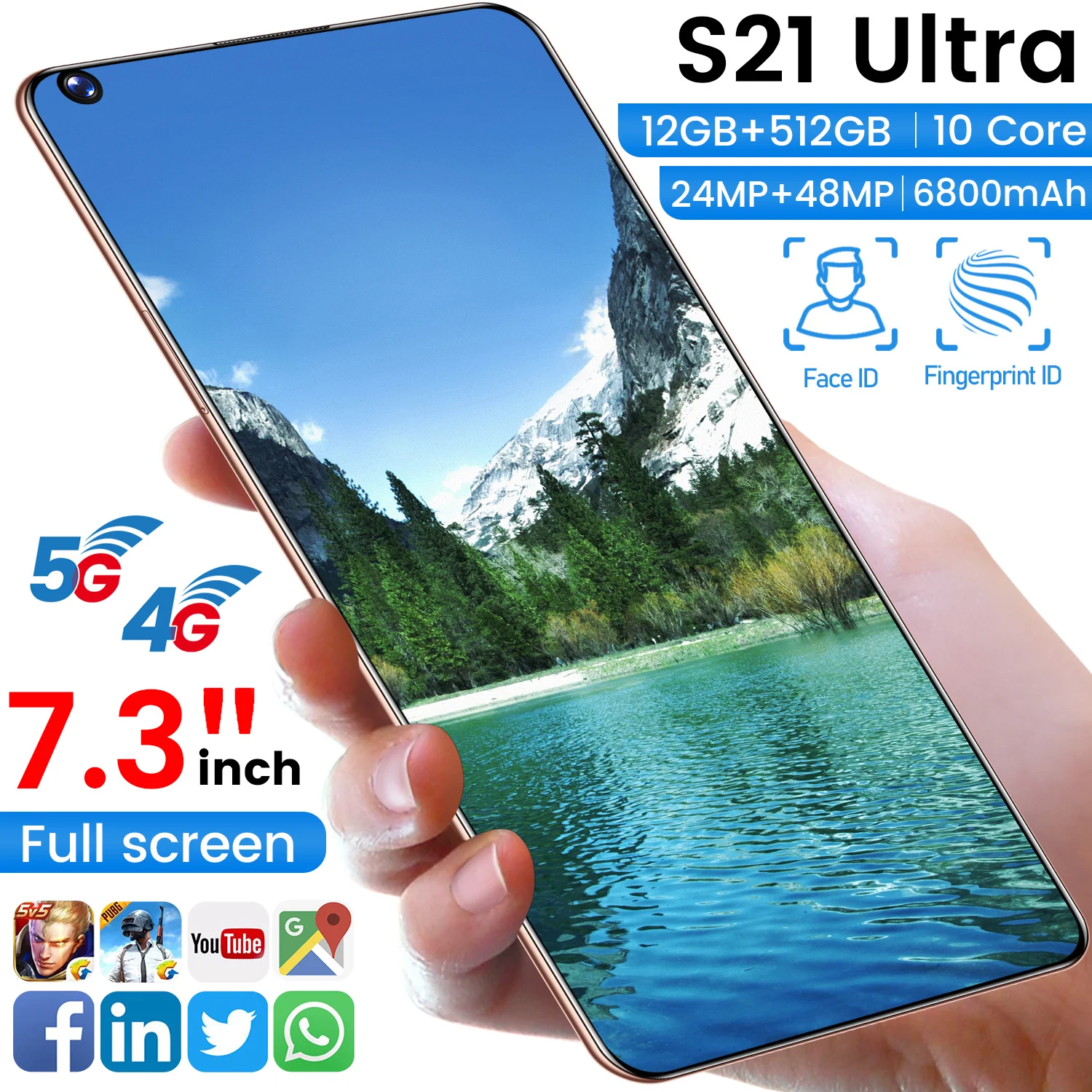 US $105.63 Global Version 73 S21Utra HD Full Screen Smartphone 6800Mah 12512G Dual SIM Cellphone 2448MP Multi Function 5G Network Phone