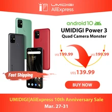 UMIDIGI Power 3 48MP Quad AI камера 6150mAh Android 10 6,53 «FHD + 4GB64GB NFC мобильный телефон с тройными слотами 10W FastReverse зарядка