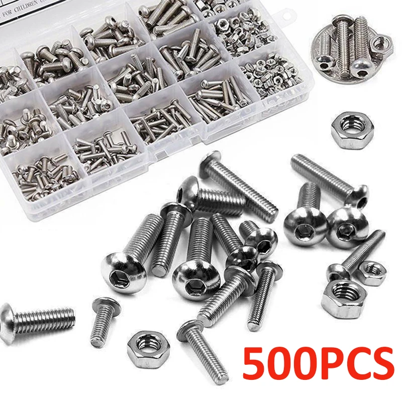 

New 500Pcs Stainless Steel Inner Hexagon Screws And Nuts Assortment Set Fastener Sorting Kit Repair Tool M3/M4/M5