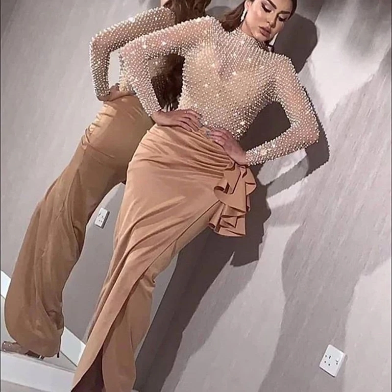

Mermaid Evening Dresses 2019 Long With Pearl Beading Split High Neck Dubai Prom Party Gowns arabic vestido de noiva