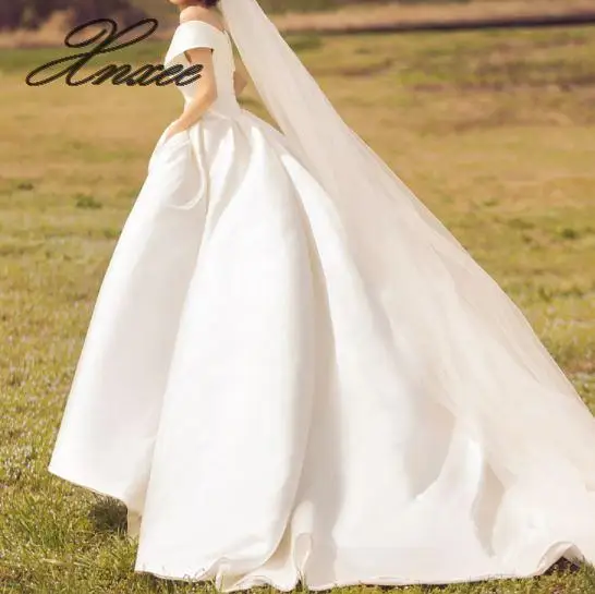 Атласное маленькое шлейф новое простое слово плечо белое тонкое платье Vestido de novia