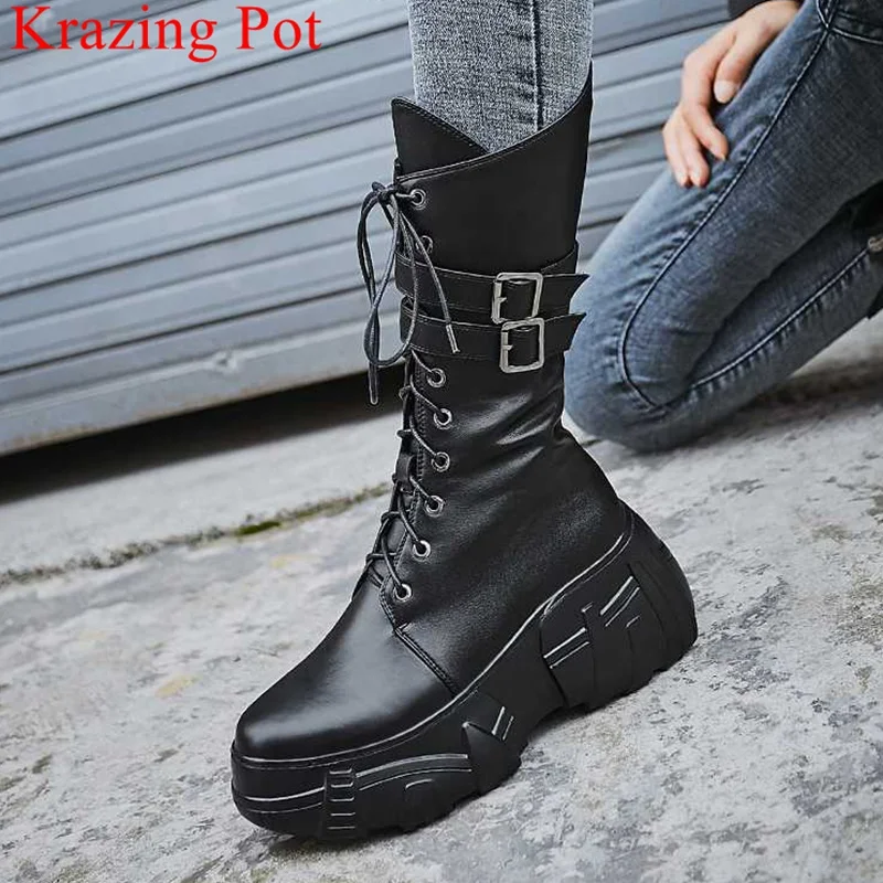 Krazing Pot/женские ботинки до середины икры из коровьей кожи с круглым носком на толстой подошве и на молнии теплая Повседневная однотонная зимняя обувь для верховой езды с пряжкой и ремешком; L74