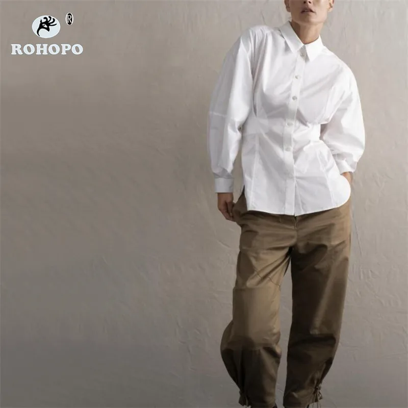 

ROHOPO Puff Long Sleeve Round Collar Slim Cotton White Blouse Buttons Fly Split Side Ladies Chic Holidays Solid Tops Blusa #9535