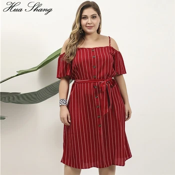 

Plus Size Striped Dress Women Summer Slash Neck Cold Shoulder Strap Sexy Dress Buttons Belted Backless Beach Dress