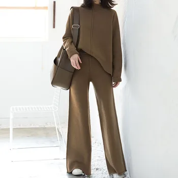 

Women Large Size Two Piece Set 2020 New Elegant Sweater And Pants Suit Fashion Knitted Matching Outfits Tall Ladies Casual Suit