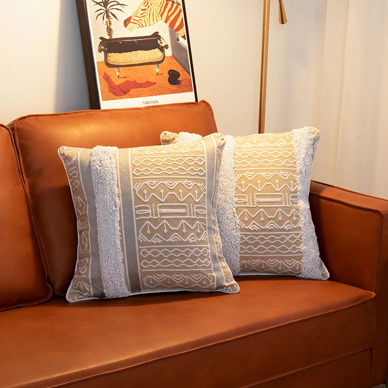 

White Flocking Sofa Cushion Cover Moroccan Geometric Line Pillowcase Home Decorative Throw Pillow Covers For Bedroom Living Room