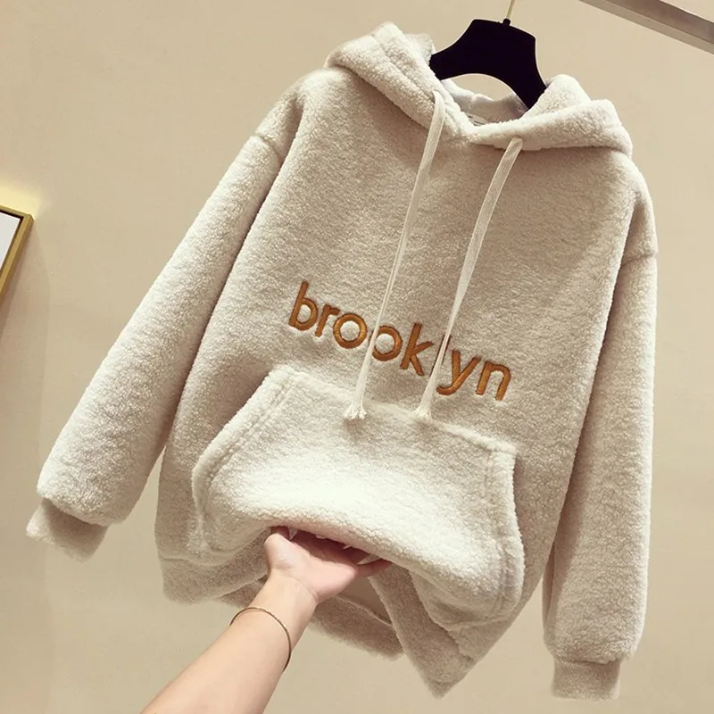  Autumn Winter Fashion Fleece Pullover Tops Sweatshirts Women Loose Warm Hoodies Long Sleeve Plush F