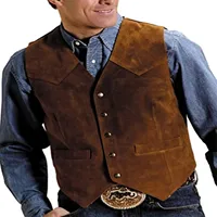 Men's Cow Leather Suit Waistcoat Steampunk Vest Western Cowboy Style S-XXXL 2