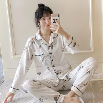 

Winter Autumn Women Cute Colorful Girls Print Pajamas Set Long Sleeve Turn-down Collar Sleepwear Soft Casual Nightsuits