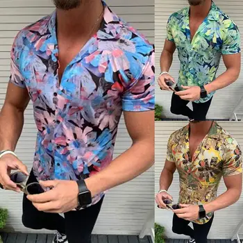 

Men Stylish Short Sleeve Turn Down Collar Floral Print Blouse Button Shirt Featuring floral print casual fashionable shirt