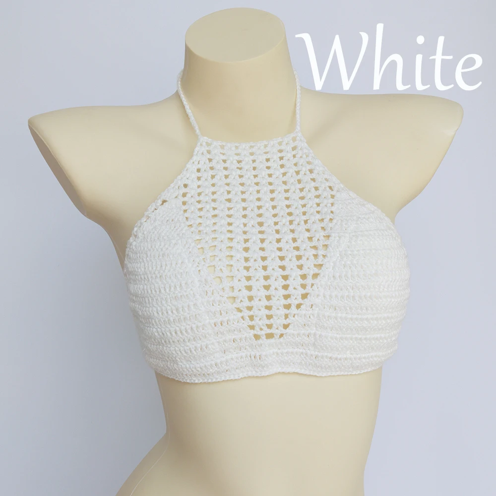 white top 10 цветов, есть подкладка, сексуальный купальник, бикини, топ, Женский пуш-ап бюстгальтер, вязанный крючком, с вырезами, Холтер, вязаный купальник, бюстгальтер из купальника-бикини размера плюс - Цвет: white top