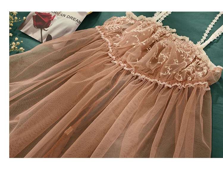 Womens Clothing Sexy Thin Short Strapless Lace Sling Perspective Light Brown Mesh Nightdress Set Sleepwear Set Lingerie Dress