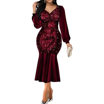

Women V-Neck Long Sleeves Dress Party Evening Ladies Sexy Sequins Ruffles Bodycon Midi Mermaid Dress Robe Femme Vestidos