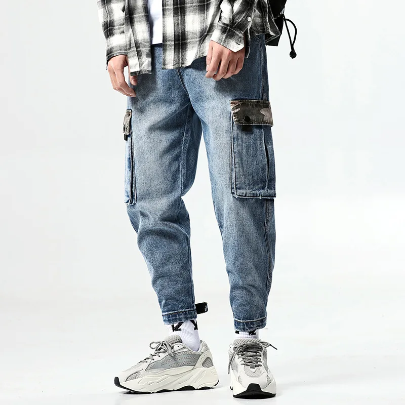 

Idopy Men`s Cargo Jeans Camouflage Elastic Sports Casual Cuffed Patchwork Loose Fit Denim Joggers For Male Plus Size