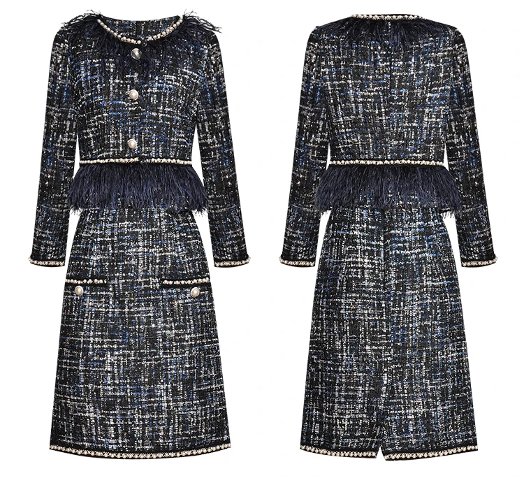 SEQINYY твидовый комплект осень зима модный дизайн женская куртка на пуговицах перо+ юбка миди темно-синий тонкий офисный женский костюм