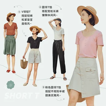 

INMAN 2020 Summer New Arrival V-neck Literary Retro Fitting Leisure Short Sleeve T-shirt