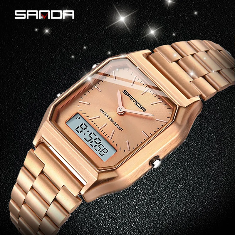 

SANDA Retro Classic Business Steel Belt Electronic Watch Men's Women's Dual Display Multi-functional Watch Wechat Business Hot S