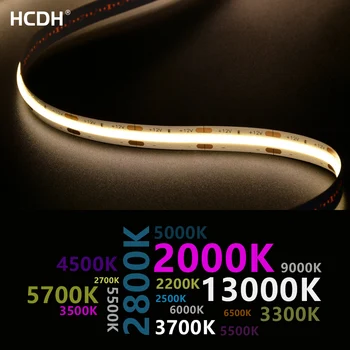 고밀도 특수 색상 온도 백색 테이프 조명, COB LED 스트립, 조도 조절 가능, 공장 직접 도매, 2000K ~ 13000K