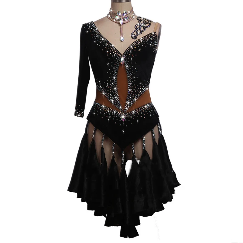 Уникальное платье для латинских танцев, женское платье с одним рукавом для танцев, черное платье, Одежда для танцев, сценический костюм для сальсы BL2541