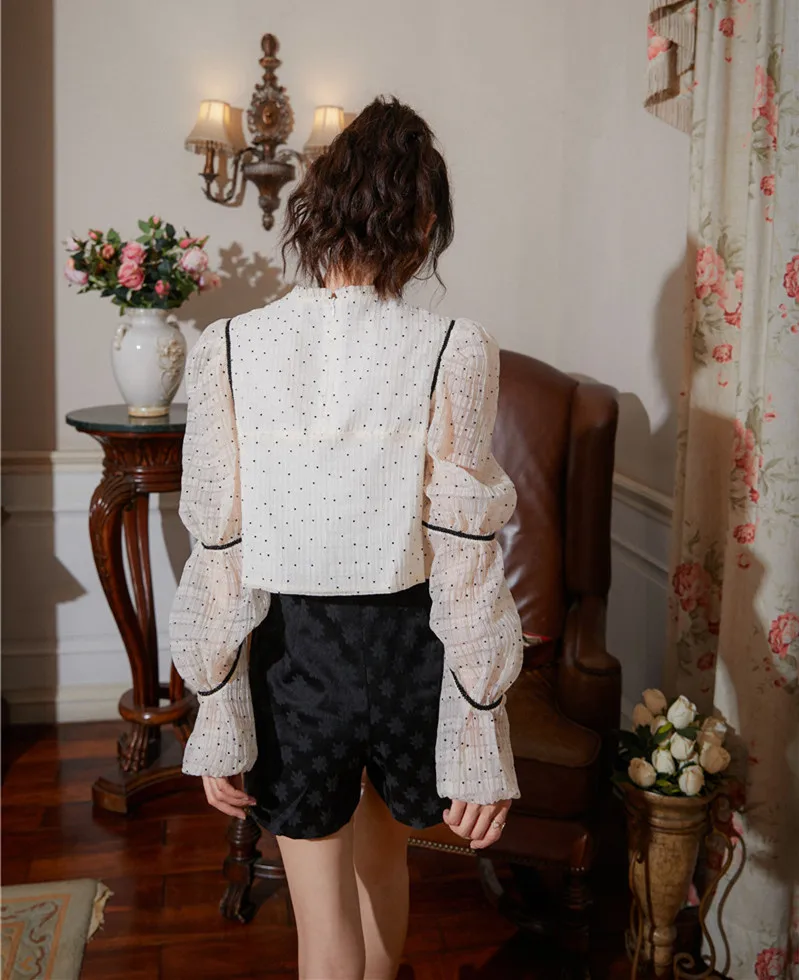 LANMREM 2020 round neck full sleeves autumn polka dots fashion women clothes white color pullover shirt female top WN