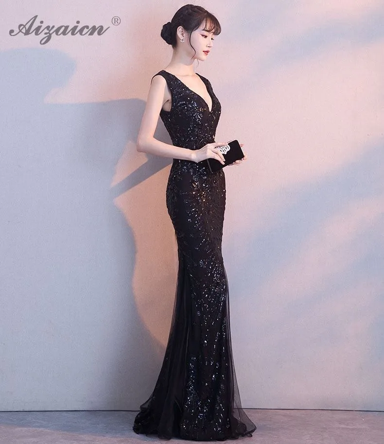 Черные вечерние платья с глубоким v-образным вырезом Qipao Promtion Cheongsam современные Вечерние платья Русалка Qi Pao женское китайское платье халат