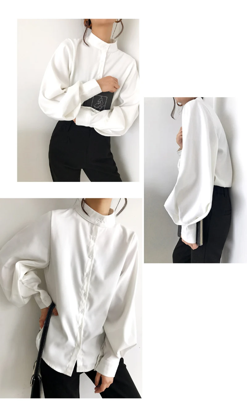 Big Lantern Sleeve Blouse Women Autumn Winter Single Breasted Stand Collar Shirts Office Work Blouse Solid Vintage Blouse Shirts