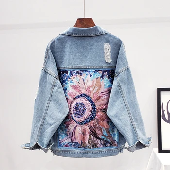 

Frayed Holes Jeans Jacket Women New Fashion Sequins Denim Jacket Outerwear Female Plus size Loose Harajuku Jeans Coat Streetwear